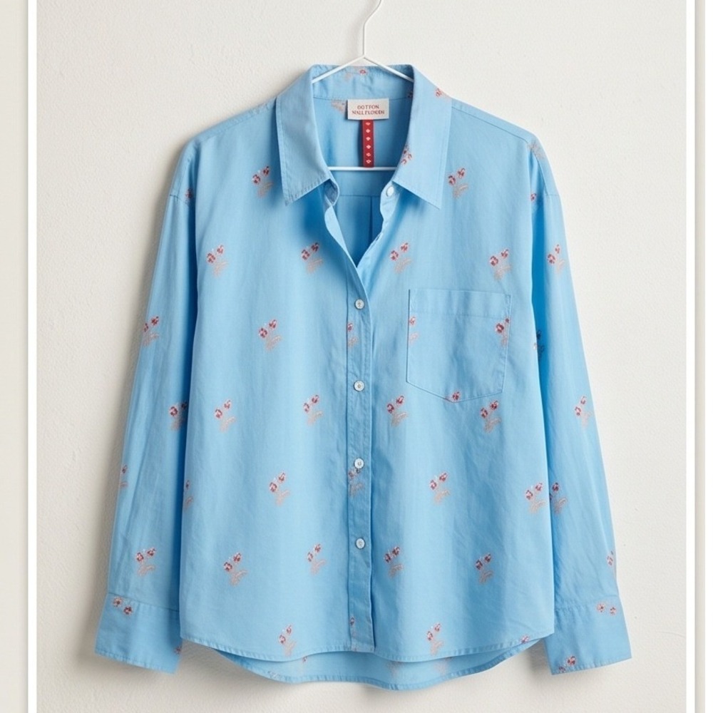 Never A Wallflower XL Cornflower Blue Floral Cotton Button Up Shirt Boho